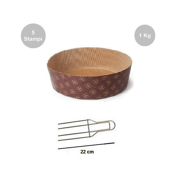 Kit Panettone Basso 1Kg: 5 Stampi in Carta Professionale + Spillone Raffreddamento DECORA Inox 4 punte 22 cm