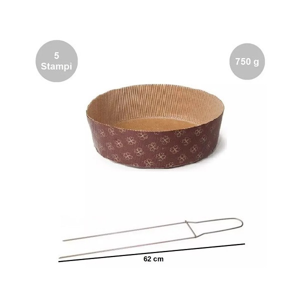 Kit Panettone Basso 750g: 5 Stampi in Carta Professionale + Spillone Raffreddamento DECORA Inox 62 cm