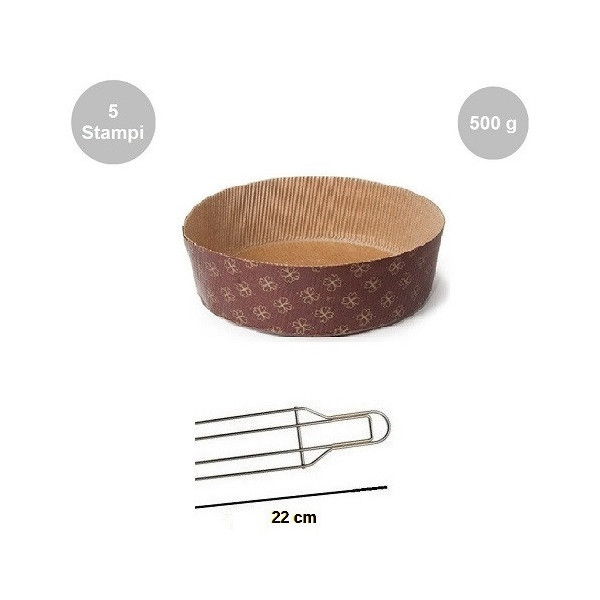 Kit Panettone Basso 500g: 5 Stampi in Carta Professionale + Spillone Raffreddamento DECORA Inox 4 punte 22 cm