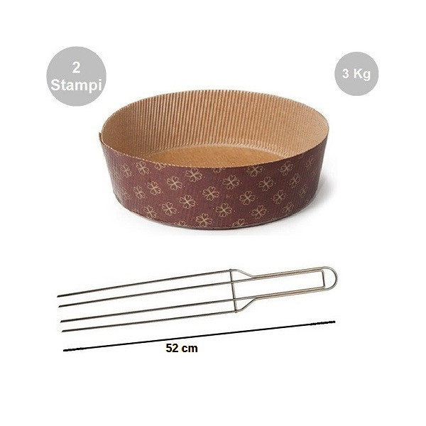 Kit Panettone Basso 3Kg: 2 Stampi in Carta Forno Professionale + Spillone Raffreddamento DECORA Inox 4 punte 52 cm