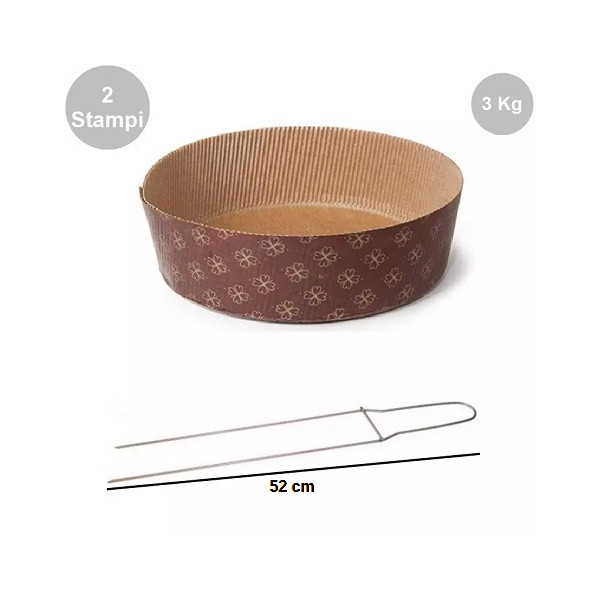 Kit Panettone Basso 3Kg: 2 Stampi in Carta Professionale + Spillone Raffreddamento DECORA in Acciaio Inox 52 cm