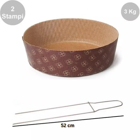 Kit Panettone Basso 3Kg: 2 Stampi in Carta Professionale + Spillone Raffreddamento DECORA in Acciaio Inox 52 cm