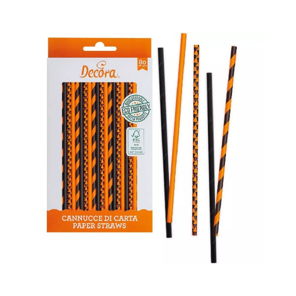 Cannucce Arancio e Nero Decora | Carta ed Inchiostro Biodegradabili | 21 cm, Confezione 80 pz