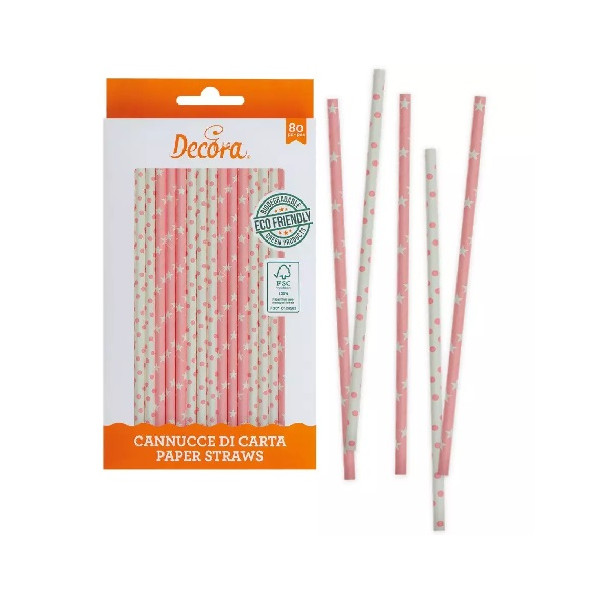 Cannucce Stelle e Pois Rosa Decora – Carta Biodegradabile 21 cm, Confezione 80 pz