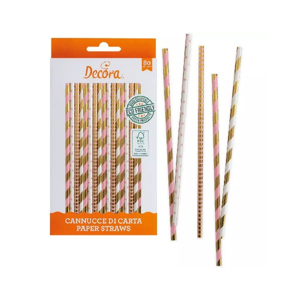 Cannucce Rosa e Oro Decora – Carta Biodegradabile 21 cm, Confezione 80 pz