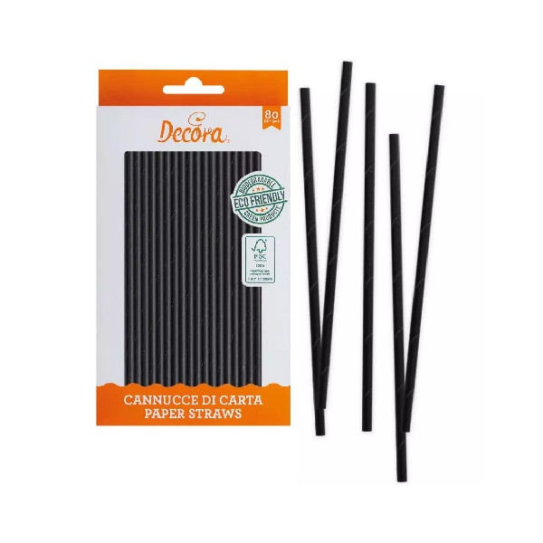 Cannucce Black Decora – Carta Nera Biodegradabile 21 cm, Confezione 80 pz