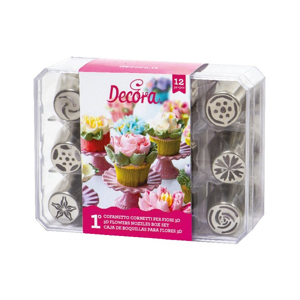 Cofanetto n 1 Decora: set di 12 cornetti per fiori 3D diretti, beccucci russi, in acciaio inox