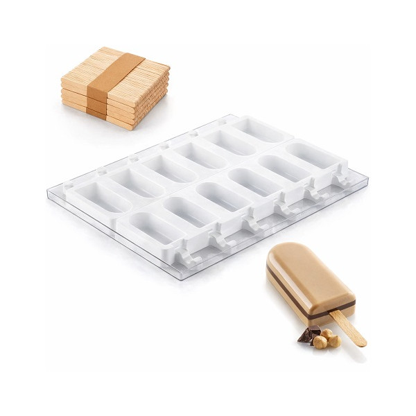 Stampi Gelato Cremino 9,2 cm Silikomart Gel12 – Set 2 Stampi + Vassoio 30×40 cm + 50 Stecchi